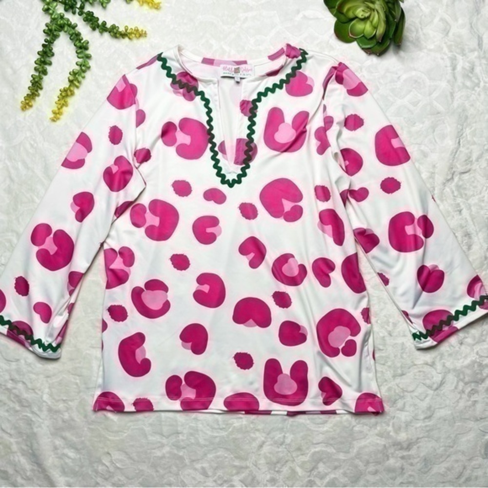 Hello Dobson Leopard Cheetah Print Pink White Long Sleeve Tunic Top Size Large